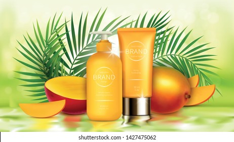 Tropical mango cosmetics realistic vector background. Bottles with cosmetic skin care product, whole and sliced yellow mango fruit and green palm leaves with sunlight. Mock up promo banner