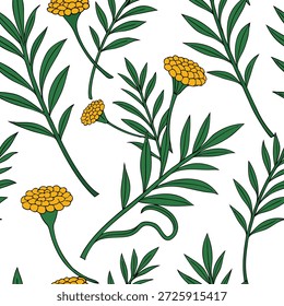 Padrão de azulejos sem emenda de calêndula tropical com hastes verdes exuberantes e aglomerados de calêndula vibrante no fundo branco ideal para lounges ensolarados conceito como Hastes de calêndula verde exuberante e aglomerados vibrantes no fundo branco criar padrão de azulejos sem emenda tropical para lounges ensolarados no Conceito de Stock de Foto e espaço vazio no lado esquerdo, sem texto —ar 7:2 —azulejo