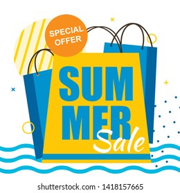 Tropical Marine Banner with Special Offer. Summer Sales Lettering on Shopping Paper Bag. Cartoon Vector Packages. Advertisement for Shop, Retail, Store. Vector Flat Illustration with Discount Symbol