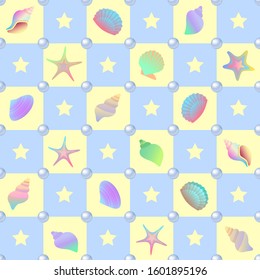 Tropical marine blue and yellow checkered seamless background clams, cartoon hand drawn shells, vector graphics, marine logo illustration, aquarium decoration, shellfish marine life