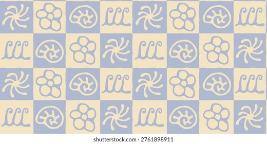Tropical marine checkerboard seamless pattern with hand drawn seashells, waves and flower clouds. Summer background