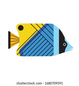 Tropical marine fish in flat design. Striped colorful butterflyfish illustration. Funny aquarium fish icon.