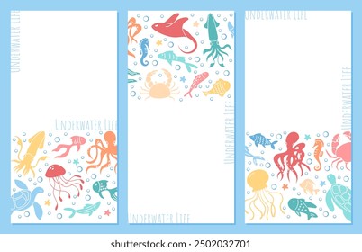 Tropical marine wildlife including jellyfish, octopuses, and crabs underwater. Web banner graphic template with underwater life with corals, seaweed, and colorful water. Ocean reef life in view.