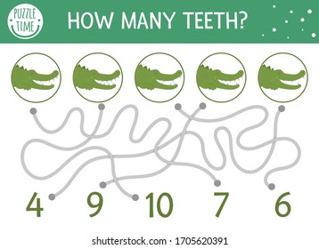 Tropical math maze for children. Preschool summer activity. Educational addition riddle. Funny mathematic puzzle game with crocodiles. Cute counting worksheet. How many teeth?
