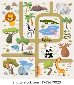 Tropical maze with animals in safari park. Set of cartoon African tropical exotic animals. Road in a safari park. Board game for children or kids play mat. Flat vector illustration