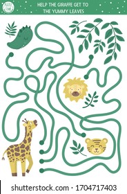 Tropical maze for children. Preschool exotic activity. Funny jungle puzzle. Help the giraffe get to the leaves. Simple summer game for kids