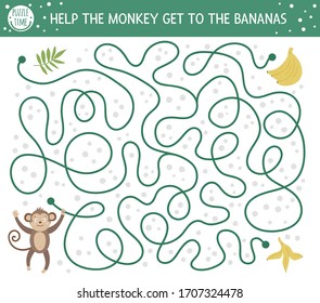 Tropical maze for children. Preschool exotic activity. Funny jungle puzzle. Help the monkey get to the bananas. Simple summer game for kids