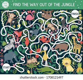 Tropical maze for children. Preschool exotic activity. Funny exotic puzzle with cute animals, birds, plants, fruit. Find the way out of the jungle. Summer game for kids