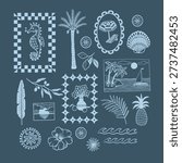 Tropical Mediterranean elements in elegant monochrome pink line art style. Decorative coastal frames with palm trees, sailboats, sunset landscapes, pineapple, papaya, lemon, hibiscus flowers, seashells and starfish create a refined summer atmosphere. Minimal outline illustration with soft pastel aesthetic, perfect for wallpaper, textile, wrapping paper, packaging, branding and surface pattern design. Repeat vector background.