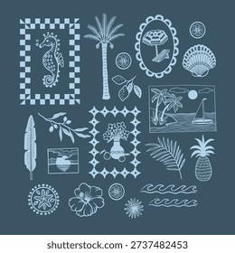 Tropical Mediterranean elements in elegant monochrome pink line art style. Decorative coastal frames with palm trees, sailboats, sunset landscapes, pineapple, papaya, lemon, hibiscus flowers, seashells and starfish create a refined summer atmosphere. Minimal outline illustration with soft pastel aesthetic, perfect for wallpaper, textile, wrapping paper, packaging, branding and surface pattern design. Repeat vector background.