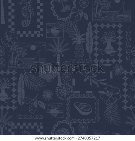 Tropical Mediterranean seamless pattern in elegant monochrome line art style. Decorative coastal frames with palm trees, sailboats, sunset landscapes, pineapple, papaya, lemon, hibiscus flowers, seashells and starfish create a refined summer atmosphere. Minimal outline illustration with soft pastel aesthetic, perfect for wallpaper, textile, wrapping paper, packaging, branding and surface pattern design. Repeat vector background.