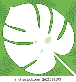 Um design de fundo de papel memorando tropical com uma folha monstera branca em um fundo verde