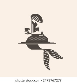 Tropical Mermaid long hair with a cup of coffee ,Tea minimalist vintage simple logo design vector