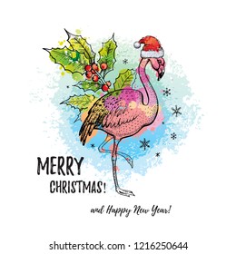 Tropical Merry Christmas. Flamingo in Santa hat, hand drawn doodle sketch. Girl/woman t-shirt print, card. Exotic holiday icon. Color vector illustration, watercolor splash isolated, white background.