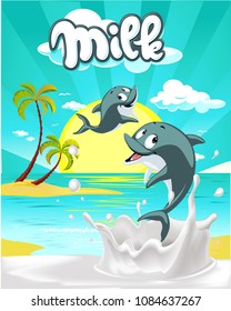Tropical milk flat design with cute dolphin vector illustration
