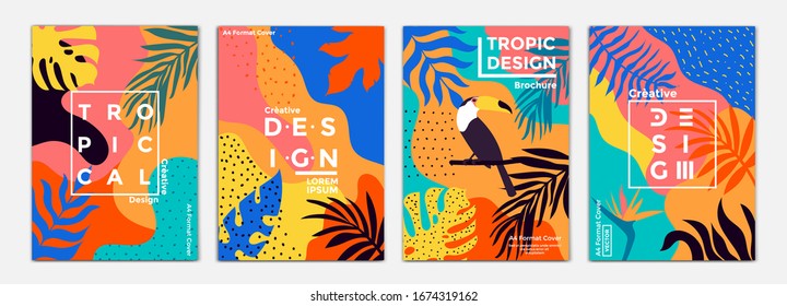 Tropical minimal Cover Design Layout Template in A4 size, greeting cards. Frame with tropic leaves. Ideal for party poster, greeting card, banner or invitation. Vector Illustration