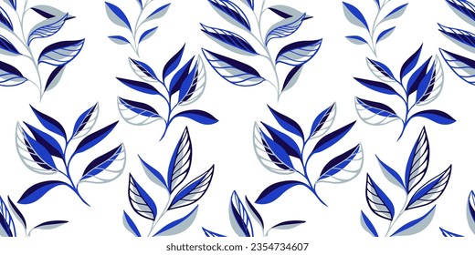 Tropical, minimalistic, background of  abstract botanical branch leaves. Vector hand draw branch leafes seamless pattern. Template for textile, fashion, print, surface design, paper, cover