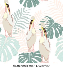 Tropical mint palm leaves and plants, exotic flowers, pelican floral seamless pattern, white background. Exotic jungle bird wallpaper, mint colors.