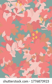 Tropical mix flowers seamless pattern, tint saturation pastel color, flat hand drawn doodle style vintage summer vibe, cute exotic nostalgic feelings