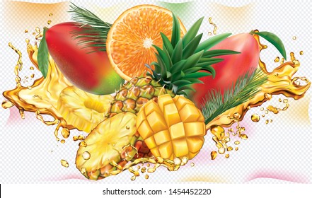 Tropical mix into of burst splashes of juices. Orange, Pineapple, Mango. Vector mesh illustration
