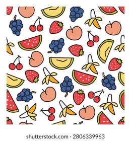 Tropical Mixed Fruit Seamless Cute Pattern. Fresh seamless fruit illustration tuitable for wallpaper, kitchen accessories, and digital backgrounds.