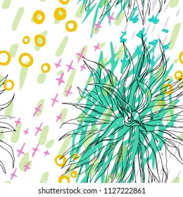 Tropical, modern, animal motif. Seamless pattern line, ditzy, textures. Summer leaf on abstract shape brush circle, cross. Contrast vector background. Watercolor blobs and daubs, ink and stains.