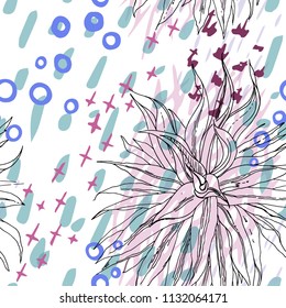 Tropical, modern, animal motif. Seamless pattern line, ditzy, textures. Summer leaf on abstract shape brush circle, cross. Contrast vector background. Watercolor blobs and daubs, ink and stains.