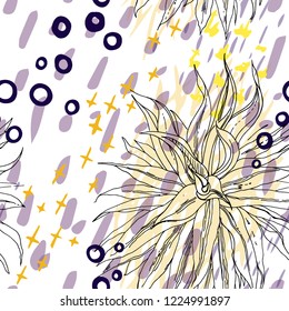 Tropical, modern, animal motif. Seamless pattern line, ditzy, textures. Summer leaf on abstract shape brush circle, cross. Contrast vector background. Watercolor blobs and daubs, ink and stains.