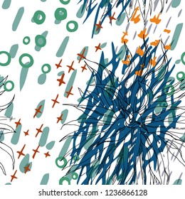 Tropical, modern, animal motif. Seamless pattern line, ditzy, textures. Summer leaf on abstract shape brush circle, cross. Contrast vector background. Watercolor blobs and daubs, ink and stains.