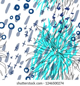 Tropical, modern, animal motif. Seamless pattern line, ditzy, textures. Summer leaf on abstract shape brush circle, cross. Contrast vector background. Watercolor blobs and daubs, ink and stains.