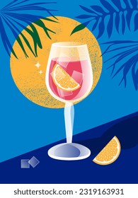 Tropical modern banner with summer vibe. Transparent elegant glass with a drink with ice and an orange slice on a blue background with sun and palm leaves. Vector.