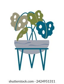 Tropical Modern Houseplant in floor pot in cool green and blue colors. Round floor flower pot on a stand. For design of a dark room, at night. Indoor plant concept of domestic greenery. 