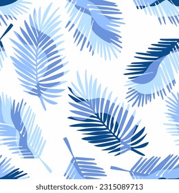 Tropical modern leaf pattern, print, texture design. Pastel blue colors jungle leaves on white background