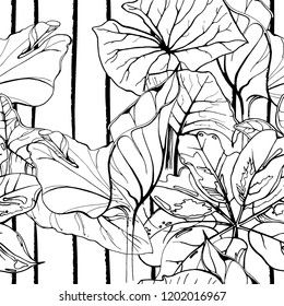 Tropical, modern motif. Black and white summer jungle leaf on stripes background. Trending line contrast Monochrome seamless pattern. Flowers vector endless repeat. Summer Floral nature print sketch.