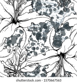 Tropical, modern motif. Black and white graphic jungle print. Summer flower on abstract shape brush line. Trending contrast seamless pattern vector background. Artistic Watercolor blobs, ink, stains.