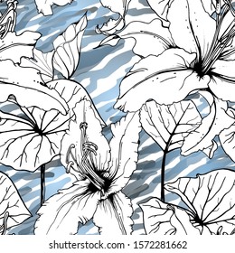 Tropical, modern motif. Black and white graphic jungle print. Summer flower on abstract shape brush line. Trending contrast seamless pattern vector background. Artistic Watercolor blobs, ink, stains.