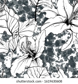 Tropical, modern motif. Black and white graphic jungle print. Summer flower on abstract shape brush line. Trending contrast seamless pattern vector background. Artistic Watercolor blobs, ink, stains.