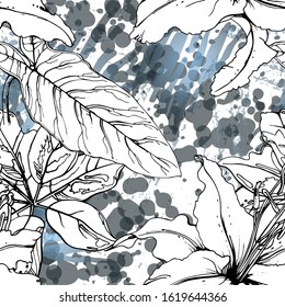 Tropical, modern motif. Black and white graphic jungle print. Summer flower on abstract shape brush line. Trending contrast seamless pattern vector background. Artistic Watercolor blobs, ink, stains.