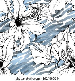 Tropical, modern motif. Black and white graphic jungle print. Summer flower on abstract shape brush line. Trending contrast seamless pattern vector background. Artistic Watercolor blobs, ink, stains.