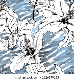 Tropical, modern motif. Black and white graphic jungle print. Summer flower on abstract shape brush line. Trending contrast seamless pattern vector background. Artistic Watercolor blobs, ink, stains.