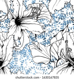 Tropical, modern motif. Black and white graphic jungle print. Summer flower on abstract shape brush line. Trending contrast seamless pattern vector background. Artistic Watercolor blobs, ink, stains.