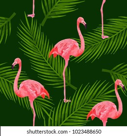 Tropical modern seamless pattern with pink flamingos and palm leaves on dark green background. Exotic Hawaii art background. Design for web page backgrounds, fabric, wallpaper, textile and decor.