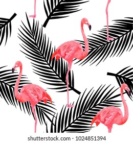 Tropical modern seamless pattern with pink flamingos and palm leaves on white background. Exotic Hawaii art background. Design for web page backgrounds, fabric, wallpaper, textile and decor.