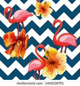 Tropical modern seamless pattern with pink flamingos and paradise orchid flowers on geometry background. Exotic Hawaii art background. Design for web page backgrounds, fabric, wallpaper or textile