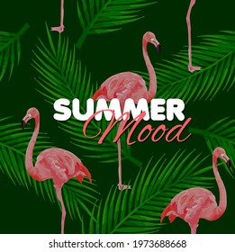 Tropical modern seamless pattern with pink flamingos and palm leaves on green background. Summer mood banner. Design for web page. Vector illustration.	