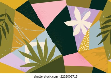 Tropical modern seamless pattern with plants and exotic fruits in vector. Geometric and natural floral design