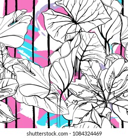 Tropical, modern stripes motif. Black and white summer jungle leaf on bright abstract shape brush line. Trending contrast seamless pattern vector background. Watercolor blobs and daubs, ink, stains.