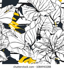 Tropical, modern stripes motif. Black and white summer jungle leaf on bright abstract shape brush line. Trending contrast seamless pattern vector background. Watercolor blobs and daubs, ink, stains.