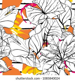 Tropical, modern stripes motif. Black and white summer jungle leaf on bright abstract shape brush line. Trending contrast seamless pattern vector background. Watercolor blobs and daubs, ink, stains.