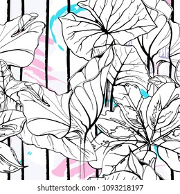 Tropical, modern stripes motif. Black and white summer jungle leaf on bright abstract shape brush line. Trending contrast seamless pattern vector background. Watercolor blobs and daubs, ink, stains.
